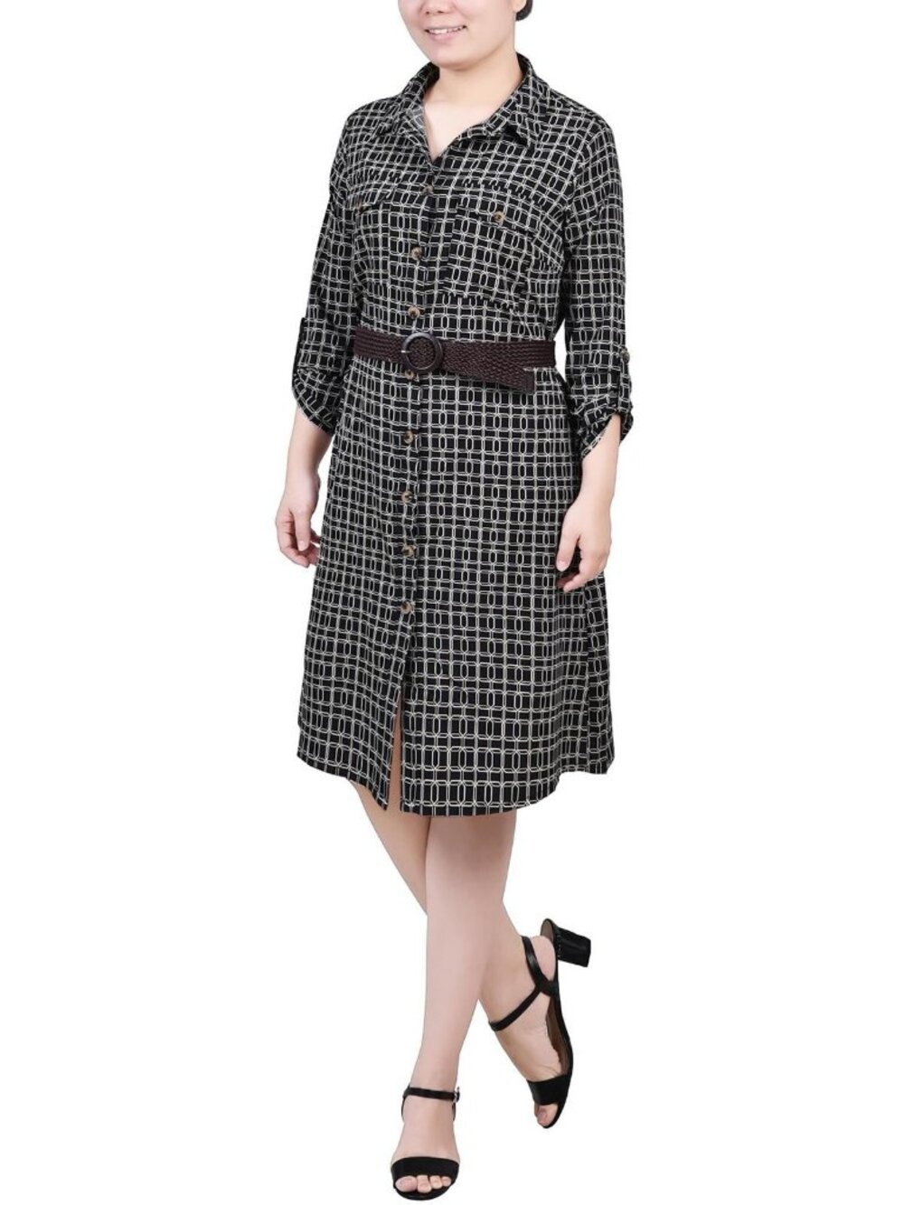NY Collection Womens Petites Paisley Pocket Shirtdress Black Size PM